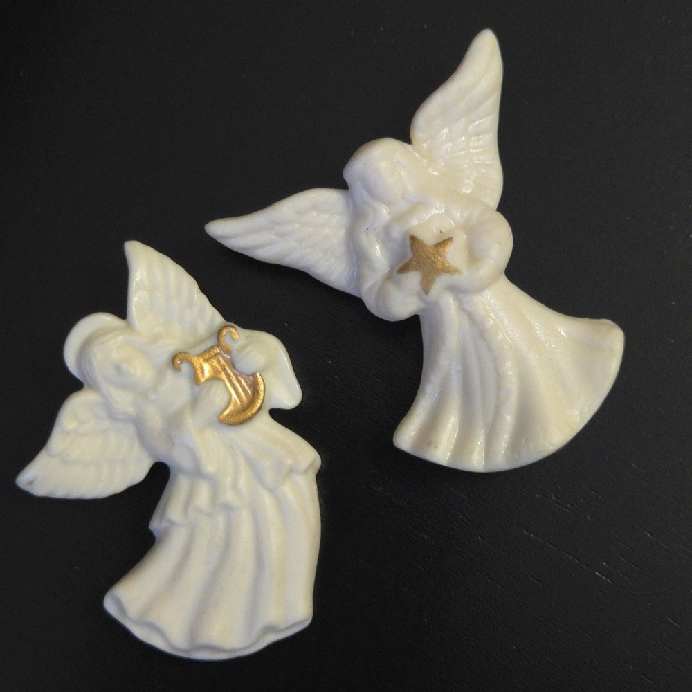 VTG Brooch 2PC Lenox White Stoneware Porcelain Angel GoldTone Religious Keepsake